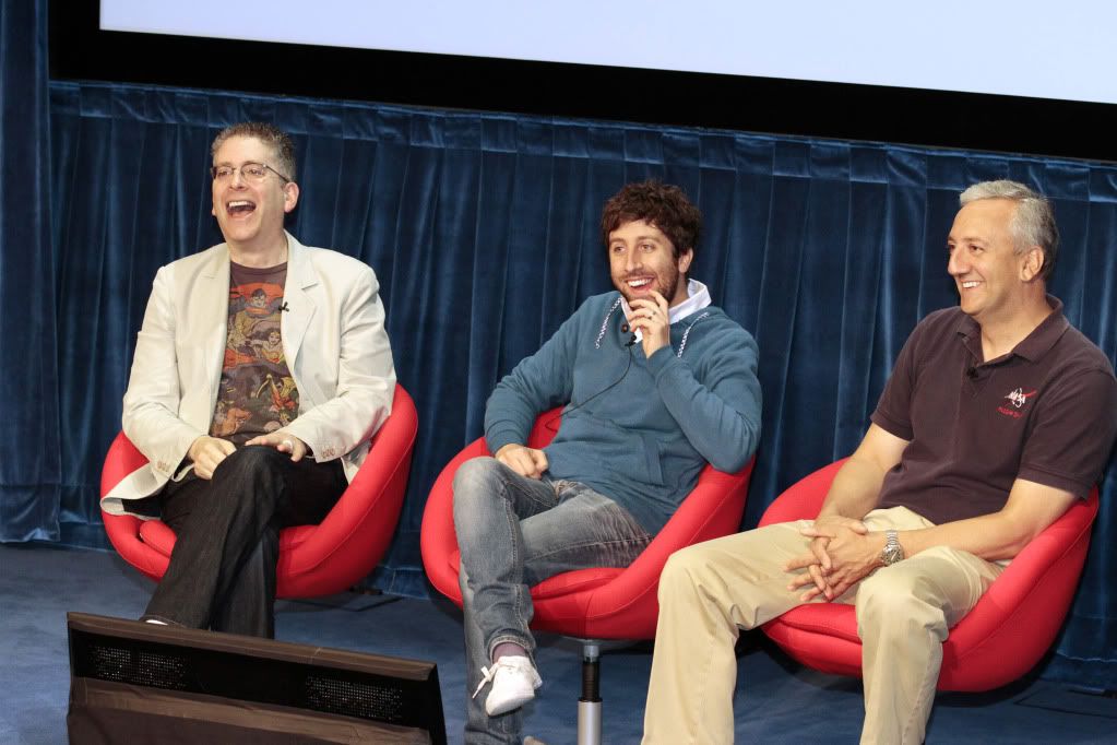 “The Big Bang Theory” co-creator/executive producer Bill Prady, series star Simon Helberg (who plays Howard Wolowitz) and guest star/NASA Astronaut Mike Massimino during a Q&A after the world premiere screening of “The Big Bang Theory” season finale (airing Thursday, May 10, at 8/7c on CBS) at the Paley Center for Media in Beverly Hills, California, on Friday, May 4. (Photo Credit: © Warner Bros. Entertainment Inc.)