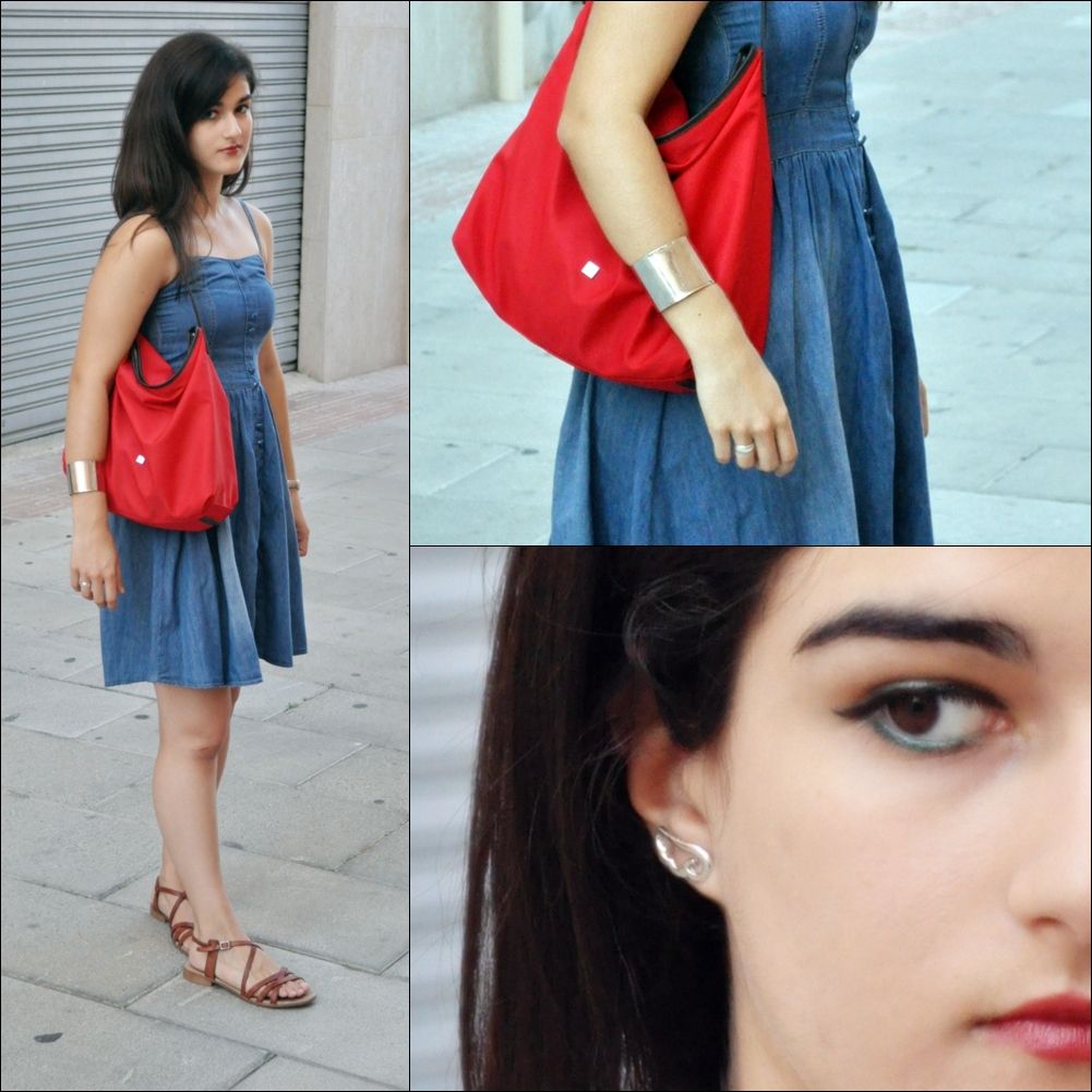 something fashion, valencia fashion blogger spain, oasap review angel wings earrings cute manga cartoon jewelry, amanda r., purificacion garcia red tote bag style, ootd look du jour, valencia streetstyle, brown sandals oropesa del mar dress denim moda verano