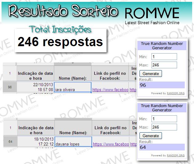 Resultado do Sorteio/Giveaway Romwe Resultado do Sorteio/Giveaway Romwe