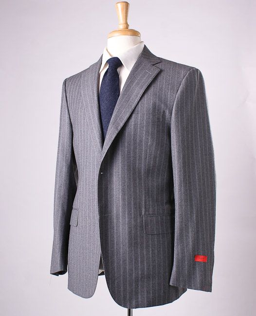 Heather gray brushed Super 130s with subtle stripe pattern.