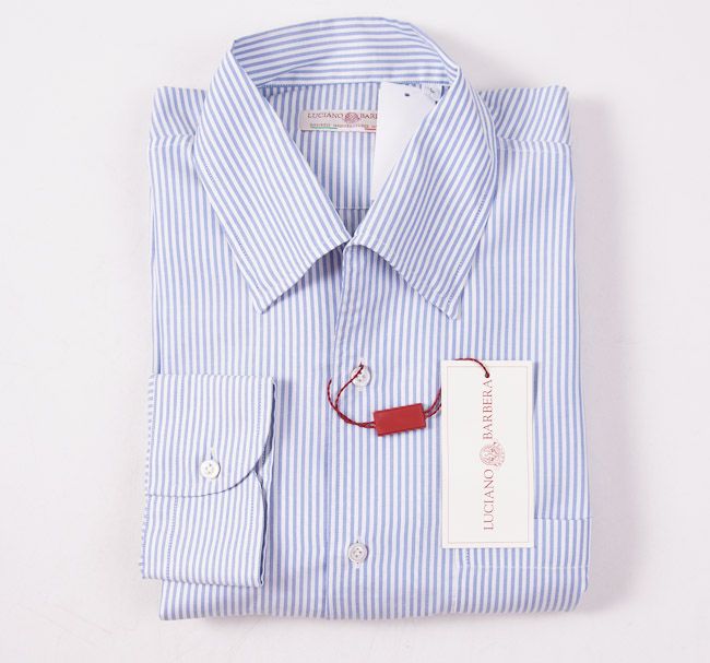 $365 Luciano Barbera Blue White Stripe Button Front Cotton Shirt L Large